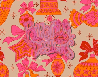 Groovy Retro Christmas seamless pattern —ornaments digital paper for fabric sublimation - instant download