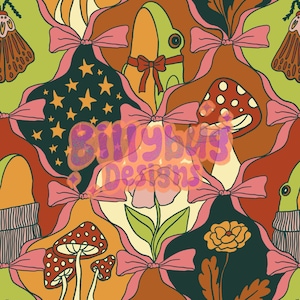 May include: A seamless pattern featuring a retro 70s aesthetic with pink bows, mushrooms, frogs, stars, and flowers. The pattern is in shades of green, brown, orange, pink, and yellow.