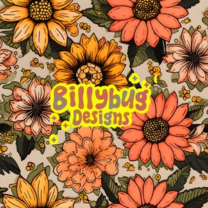 May include: A seamless pattern featuring a variety of colorful flowers in shades of orange, yellow, and pink. The flowers are arranged in a repeating pattern on a light gray background. The text "Billybug Designs" is centered in the image.