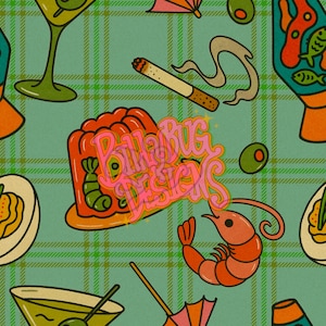 May include: A retro-style pattern featuring cocktails, shrimp, olives, a cigarette, and a lava lamp on a teal plaid background. The text "Billy Bug Designs" is in a pink and orange font.