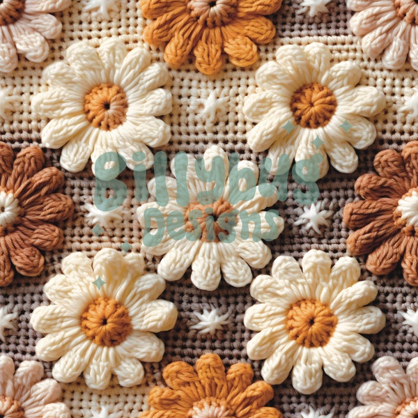 Boho Neutral Daisy FAUX crochet seamless file — instant download for fabric sublimation - repeating pattern