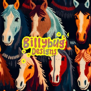 May include: A colorful knit pattern featuring multiple horse heads in various colors, including blue, brown, red, and orange. The pattern is titled "Billybug Designs".