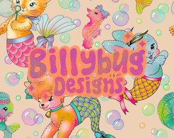 Kitschy mermaid animals seamless pattern - mid century repeating file for fabric sublimation, instant download digital paper surface design