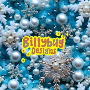 May include: A close-up of a variety of white and blue snowflake charms, pearls, and other embellishments. The text "Billybug Designs" is in the center of the image.