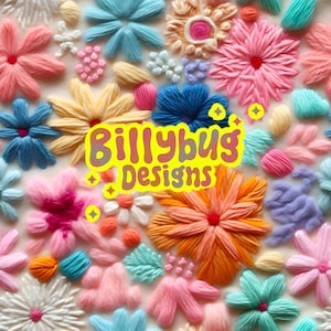 Op de afbeelding: Een close-up van een kleurrijk geborduurd doek met verschillende bloemmotieven. Het doek heeft een geel label met de tekst "Billybug Designs".