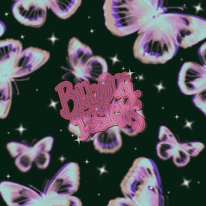 May include: A seamless pattern featuring a repeating design of purple and white butterflies on a black background with white stars. The text "Billy Bug Designs" is in the centre of the pattern.