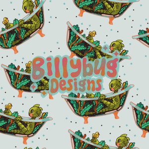 May include: A repeating pattern featuring green, yellow, and blue illustrations of a creature in a bathtub with a leafy background. The text "Billybug Designs" is in the center of the pattern.