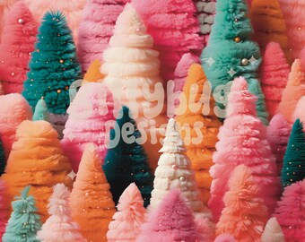 Fuzzy Christmas tree, colorful seamless pattern, bottlebrush, retro, repeating pattern for sublimation, instant download