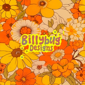 May include: A retro floral print fabric with a yellow, orange, and white color scheme. The fabric features a variety of flower shapes and sizes, including daisies, roses, and other floral designs. The fabric is perfect for crafting projects, home decor, and more.