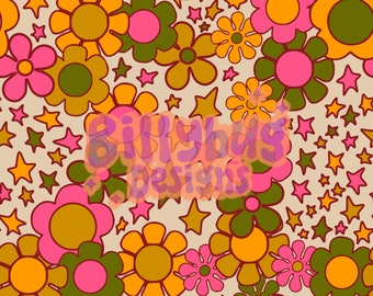 Retro groovy daisy seamless pattern - stars repeating file for fabric sublimation- instant download digital paper surface design