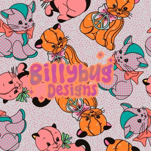 May include: A seamless pattern featuring cute cartoon cats with patchwork fabric designs. The cats are in various poses, some holding peace signs, and are set against a pink and white background with a repeating pattern. The text "Billybug Designs" is prominently displayed in the center of the pattern.