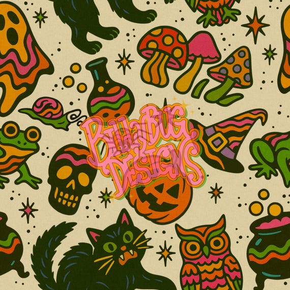 Vintage Halloween seamless pattern- retro nostalgic repeat file for sublimation printing - digital paper