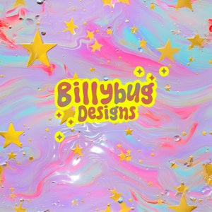 Pode incluir: Fundo abstrato com tinta rosa, azul e branca em espiral. Estrelas douradas espalhadas pela superfície. O texto "Billybug Designs" está no centro da imagem.