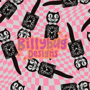 May include: A black and white repeating pattern of a black cat clock with a bow tie on a pink and white checkered background. The text "Billybus Designs" is in the center of the image.