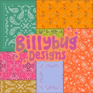 Könnte beinhalten: Ein Patchwork-Design mit verschiedenen Bandana-Mustern in Grün-, Orange-, Rosa-, Blau- und Brauntönen. Der Text "Billybug Designs" ist in der Mitte des Designs überlagert.