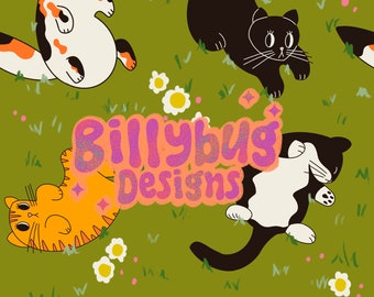 Cats in grass seamless pattern - cute repeating file for fabric sublimation, instant download digital paper surface design