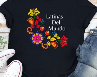 Koszulka Latina Del Mundo, Koszulka Mujer Latina, Koszulka hiszpańska, Upoważniona Latynoska, Koszulka dla mamy z kwiatami, Madre Latina, Koszulka hiszpańska na prezent,