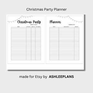 May include: A white Christmas Party Planner with a guest list and food list. The planner has a simple design with black text and decorative string lights. The text "Christmas Party" and "Planner" are at the top. The Etsy shop name "ASHLEEPLANS" is at the bottom.
