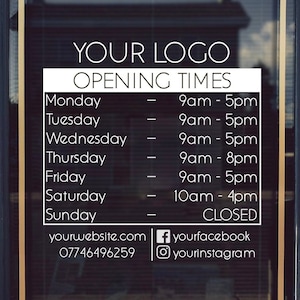 Horarios de apertura con logotipo comercial, calcomanía de vinilo de tienda abierta y cerrada, letrero adhesivo para ventana o puerta de cafetería, horarios de tienda personalizados, anuncio en redes sociales