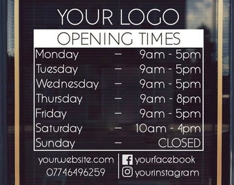 Opening Hours With Business Logo, Shop Open & Closed Vinyl Decal, Cafe Window or Door Sticker Sign, Custom Shop Times, Social Media Advert
