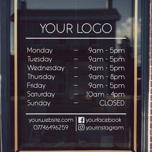 Horarios de apertura con logotipo comercial, calcomanía de vinilo de tienda abierta y cerrada, letrero adhesivo para ventana o puerta de cafetería, horarios de tienda personalizados, anuncio en redes sociales