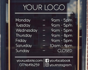 Opening Hours With Business Logo, Shop Open & Closed Vinyl Decal, Cafe Window or Door Sticker Sign, Custom Shop Times, Social Media Advert