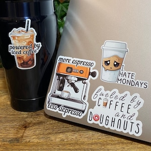 Pegatinas de café lindas, pegatinas de café helado troqueladas, pegatinas para portátiles y botellas de agua, pegatinas para planificadores y álbumes de recortes, calcomanías de espresso