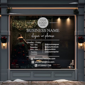 Calcomanía de vinilo para ventana de tienda con logotipo, pegatina de horario de apertura comercial, letrero para ventana o puerta de cafetería, horarios de tienda personalizados, anuncio en redes sociales