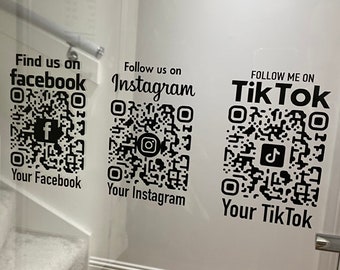 Calcomanía de vinilo con código QR para redes sociales, enlace directo a su Instagram, TikTok y Facebook, calcomanía personalizada para escaparate, anuncio con nombre comercial