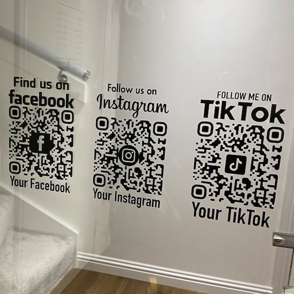 Social Media QR Code Vinyl Aufkleber, Link direkt zu Ihrem Instagram, TikTok & Facebook Personalisierter Schaufenster Fenster Aufkleber, Business Name Ad