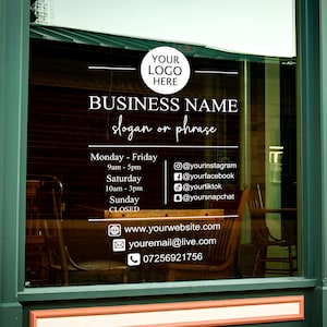 Calcomanía de vinilo para ventana de tienda con logotipo, pegatina de horario de apertura comercial, letrero para ventana o puerta de cafetería, horarios de tienda personalizados, anuncio en redes sociales