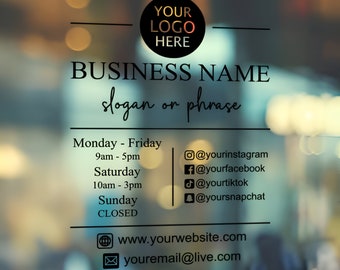 Calcomanía de vinilo para ventana de tienda con logotipo, pegatina de horario de apertura comercial, letrero para ventana o puerta de cafetería, horarios de tienda personalizados, anuncio en redes sociales