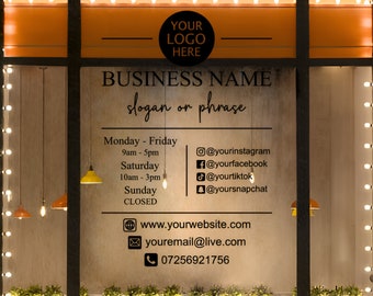 Calcomanía de vinilo para escaparate con logotipo, calcomanía con horario de apertura comercial, letrero para puerta o ventana de cafetería, horarios de tiendas personalizados, calcomanías para escaparates
