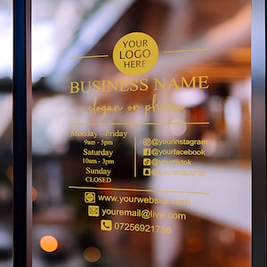 Calcomanía de vinilo para ventana de tienda con logotipo, pegatina de horario de apertura comercial, letrero para ventana o puerta de cafetería, horarios de tienda personalizados, anuncio en redes sociales