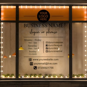 Calcomanía de vinilo para escaparate con logotipo, calcomanía con horario de apertura comercial, letrero para puerta o ventana de cafetería, horarios de tiendas personalizados, calcomanías para escaparates
