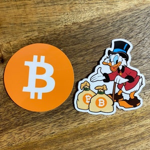 Pegatinas de Bitcoin, pegatinas troqueladas de criptomonedas, bolsas de dinero de Scrooge, etiquetas brillantes con el símbolo de BTC, pegatinas con el logotipo de criptomonedas