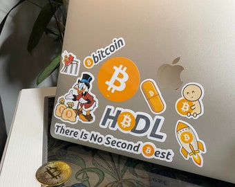 Bitcoin Sticker Pack, 16x Dishwasher Safe Crypto Stickers, A4 Waterproof Cryptocurrency Vinyl Sticker Sheet, HODL Bitcoin logo, Crypto Gifts