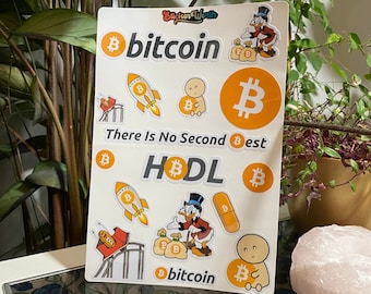 Bitcoin Sticker Pack, 16x Dishwasher Safe Crypto Stickers, A4 Waterproof Cryptocurrency Vinyl Sticker Sheet, HODL Bitcoin logo, Orange Pill
