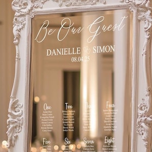 Wedding mirror seating arrangements - custom vinyl mirror sticker, personalised wedding decor, seating plan sign, reception guest list sign