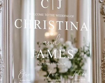Plano de asientos y mesas para espejos de bodas: calcomanías de vinilo personalizadas para espejos, decoración de bodas personalizada, letrero con plano de asientos, letrero con lista de invitados a la recepción