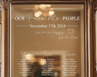 Plano de asientos/mesas con espejo para bodas: calcomanía de vinilo personalizada para espejo, bienvenido a nuestra decoración de bodas, letrero con plano de asientos, letrero con lista de invitados a la recepción