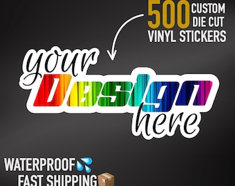 500 stansade klistermärken, specialtillskurna vinyletiketter, vattentäta klistermärkespaket i bulk, logotyp- och varumärkesklistermärken, personliga förpackningsetiketter