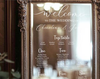 Plano de asientos y mesas para espejos de bodas: calcomanías de vinilo personalizadas para espejos, decoración de bodas personalizada, letrero con plano de asientos, letrero con lista de invitados a la recepción