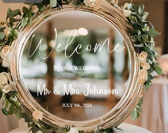 Bienvenidos a nuestra boda: calcomanía de vinilo personalizada para espejo, calcomanía personalizada para ventana de entrada de boda, decoración de boda única hecha a mano, letreros para baby shower