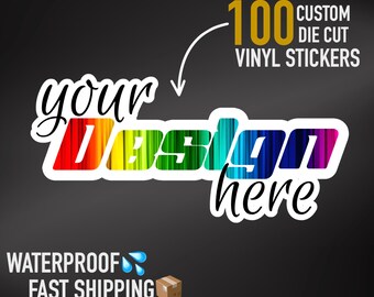 100 Die Cut Stickers, Custom Cut To Shape Vinyl Labels, Bulk Waterproof Sticker Pack, Logo & Branding Stickers, Personalised Packaging Tags
