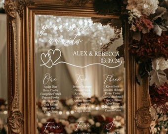 Wedding mirror seating plan - custom vinyl mirror sticker, personalised wedding decor, seating & tableplan sign, reception guest list sign