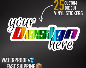 25 Die Cut Stickers, Custom Cut To Shape Vinyl Labels, Bulk Waterproof Sticker Pack, Logo & Branding Stickers, Personalised Packaging Tags