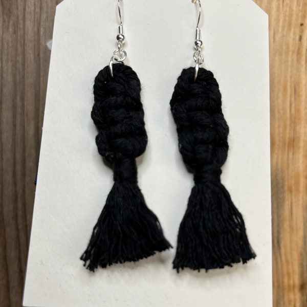 Black square knot earring, tassel earring, handmade