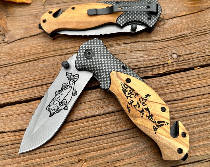 Pocket Knife for Fisherman, Fish engraving pocket knife, Shark Engravable  Knife, Folding Knife, Gift for hunter, Christmas Gift