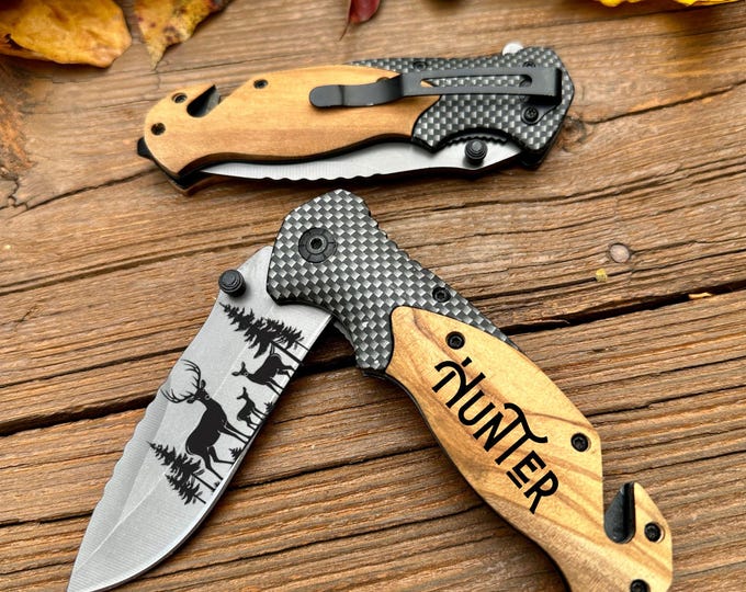 Engravable Olive Wood Pocket Knife: Deer Family Hunter Gift